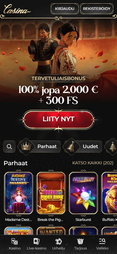 Casina Casino home interface on a mobile browser