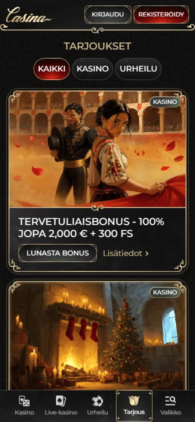 Casina Casino promotions interface on a mobile browser
